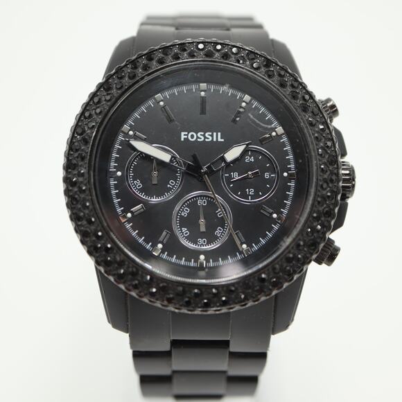 Fossil Black Acrylic 42mm Unisex Chronograph Watch Gem Set CH2672 w New Battery - Picture 5 of 14